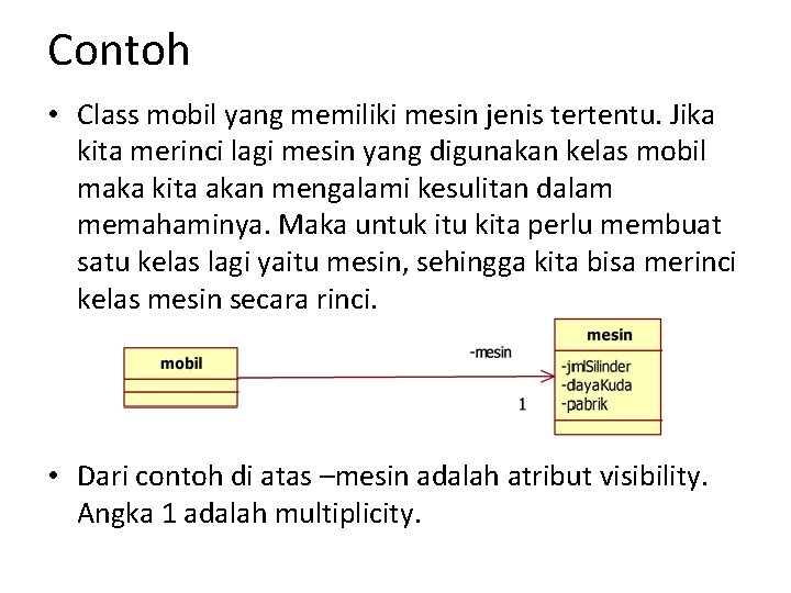 Contoh • Class mobil yang memiliki mesin jenis tertentu. Jika kita merinci lagi mesin