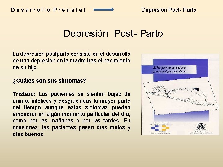 Desarrollo Prenatal Depresión Post- Parto La depresión postparto consiste en el desarrollo de una Desarrollo Prenatal Depresión Post- Parto La depresión postparto consiste en el desarrollo de una