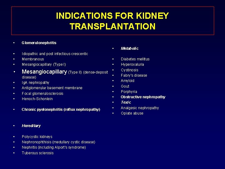 INDICATIONS FOR KIDNEY TRANSPLANTATION • Glomerulonephritis • • • Idiopathic and post infectious crescentic