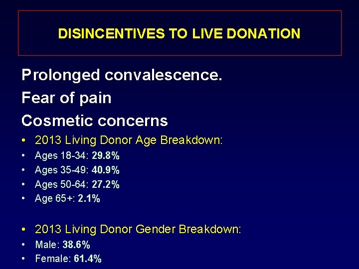 DISINCENTIVES TO LIVE DONATION Prolonged convalescence. Fear of pain Cosmetic concerns • 2013 Living