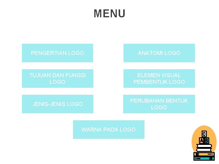 MENU PENGERTIAN LOGO ANATOMI LOGO TUJUAN DAN FUNGSI LOGO ELEMEN VISUAL PEMBENTUK LOGO JENIS-JENIS