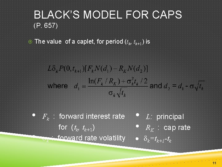 BLACK’S MODEL FOR CAPS (P. 657) The value of a caplet, for period (tk,