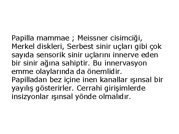 Papilla mammae ; Meissner cisimciği, Merkel diskleri, Serbest sinir uçları gibi çok sayıda sensorik