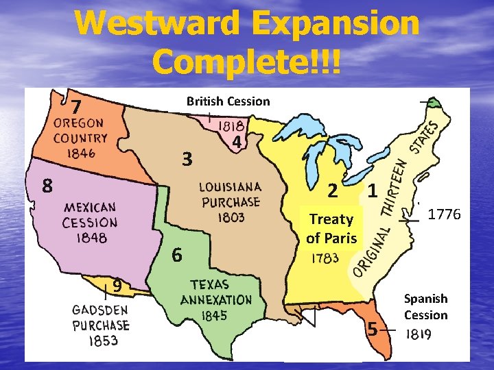 Westward Expansion Complete!!! 7 British Cession 3 8 4 2 6 1 1776 Treaty