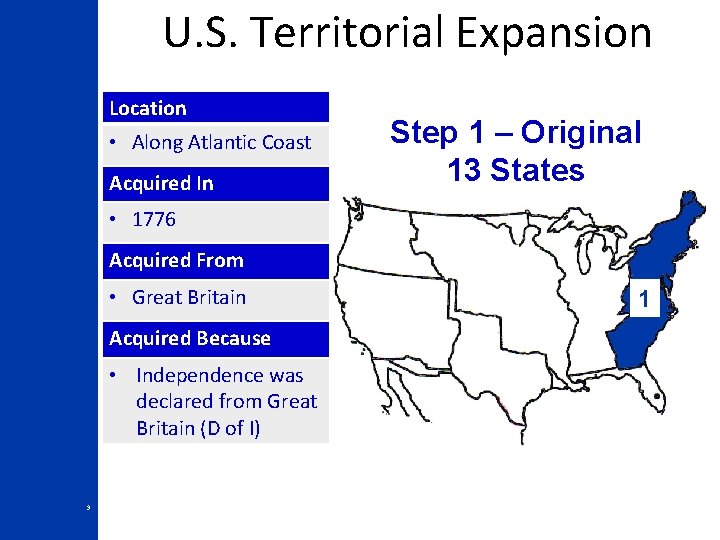 U. S. Territorial Expansion Location • Along Atlantic Coast Acquired In Step 1 –