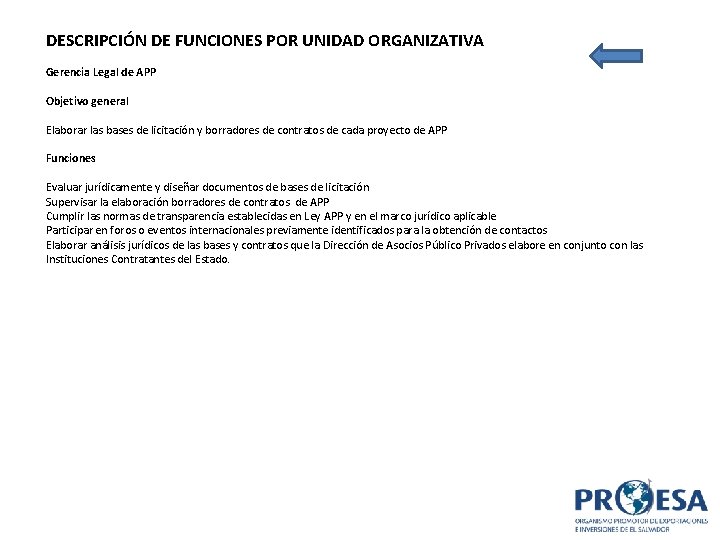 DESCRIPCIÓN DE FUNCIONES POR UNIDAD ORGANIZATIVA Gerencia Legal de APP Objetivo general Elaborar las