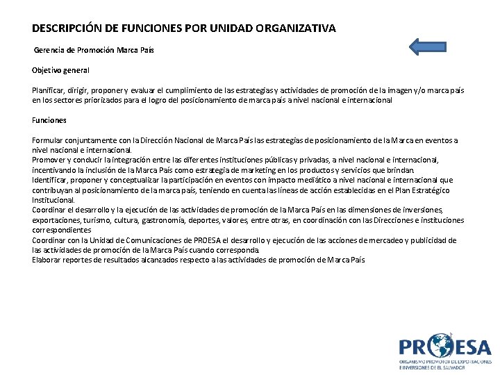 DESCRIPCIÓN DE FUNCIONES POR UNIDAD ORGANIZATIVA Gerencia de Promoción Marca País Objetivo general Planificar,