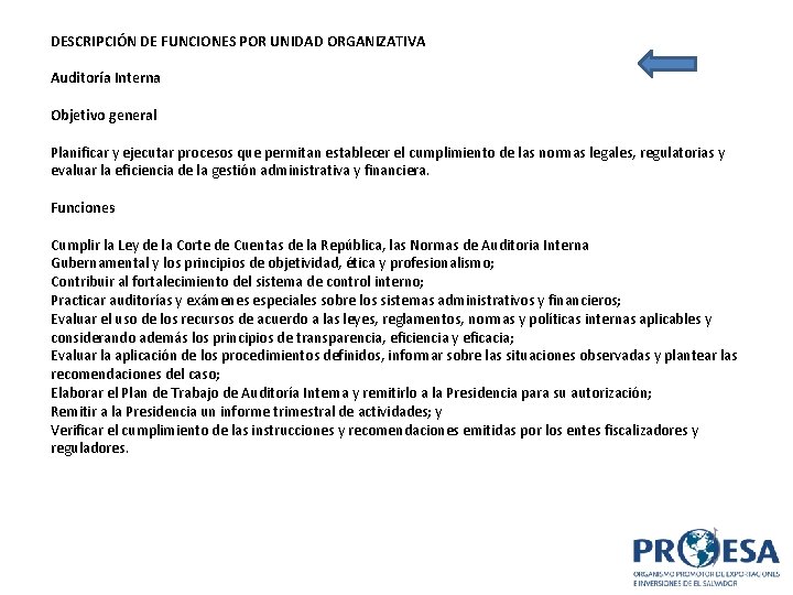 DESCRIPCIÓN DE FUNCIONES POR UNIDAD ORGANIZATIVA Auditoría Interna Objetivo general Planificar y ejecutar procesos DESCRIPCIÓN DE FUNCIONES POR UNIDAD ORGANIZATIVA Auditoría Interna Objetivo general Planificar y ejecutar procesos