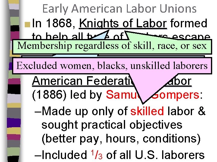 Early American Labor Unions ■ In 1868, Knights of Labor formed to help all