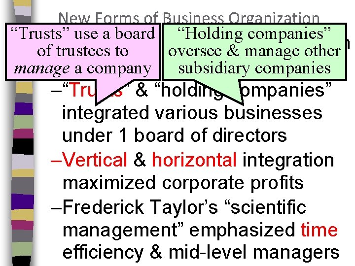 New Forms of Business Organization “Trusts” use a board “Holding companies” ■of. New types