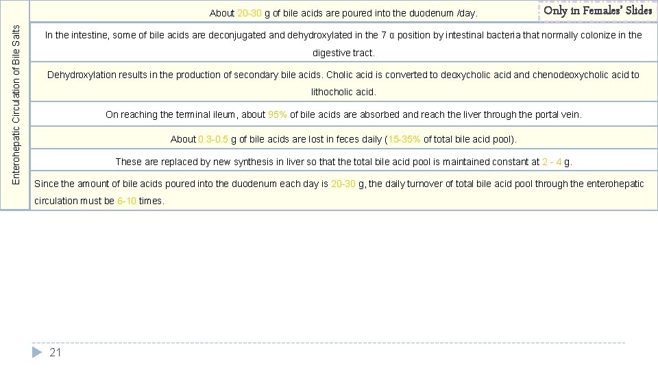 Enterohepatic Circulation of Bile Salts About 20 -30 g of bile acids are poured