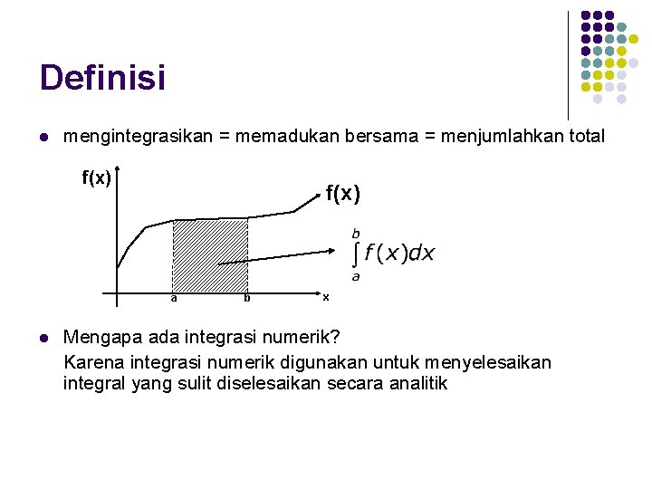 Definisi l mengintegrasikan = memadukan bersama = menjumlahkan total f(x) a l b x