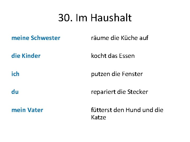 30. Im Haushalt meine Schwester räume die Küche auf die Kinder kocht das Essen