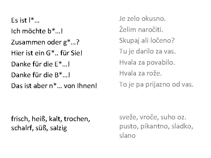 Es ist l*… Ich möchte b*…! Zusammen oder g*…? Hier ist ein G*. .