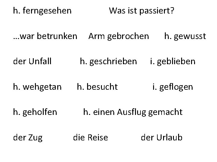 h. ferngesehen Was ist passiert? …war betrunken der Unfall h. wehgetan h. geholfen der