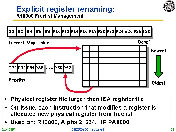 Explicit register renaming: R 10000 Freelist Management P 0 P 2 P 4 F