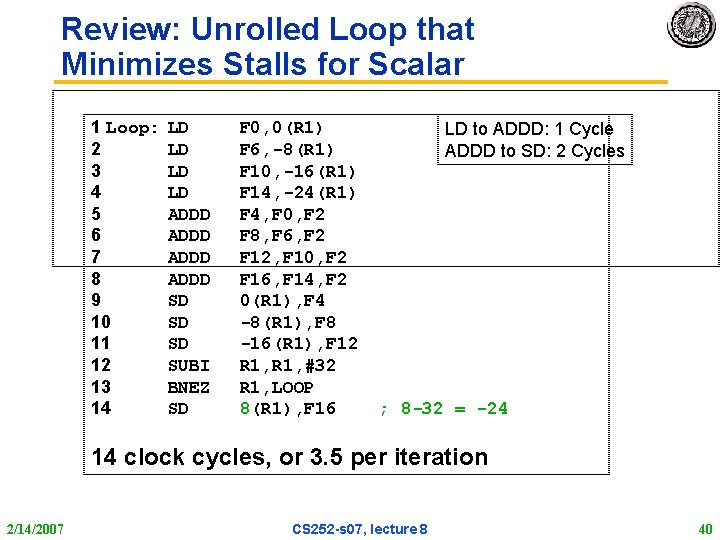 Review: Unrolled Loop that Minimizes Stalls for Scalar 1 Loop: 2 3 4 5