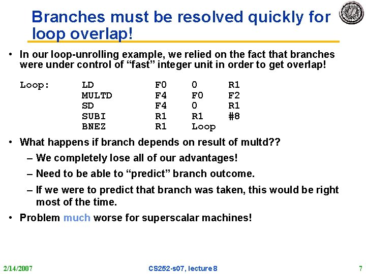 Branches must be resolved quickly for loop overlap! • In our loop-unrolling example, we