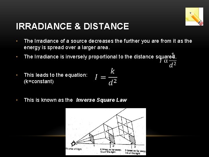 IRRADIANCE & DISTANCE • The Irradiance of a source decreases the further you are