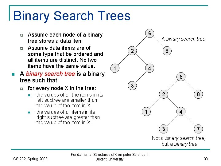 Binary Search Trees q q n Assume each node of a binary tree stores