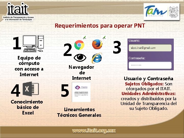 Requerimientos para operar PNT 1 Equipo de cómputo con acceso a Internet 4 Conocimiento