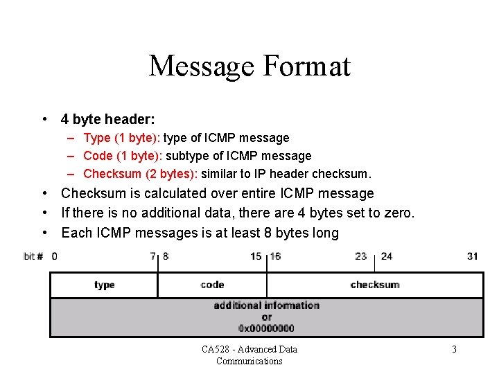 Message Format • 4 byte header: – Type (1 byte): type of ICMP message