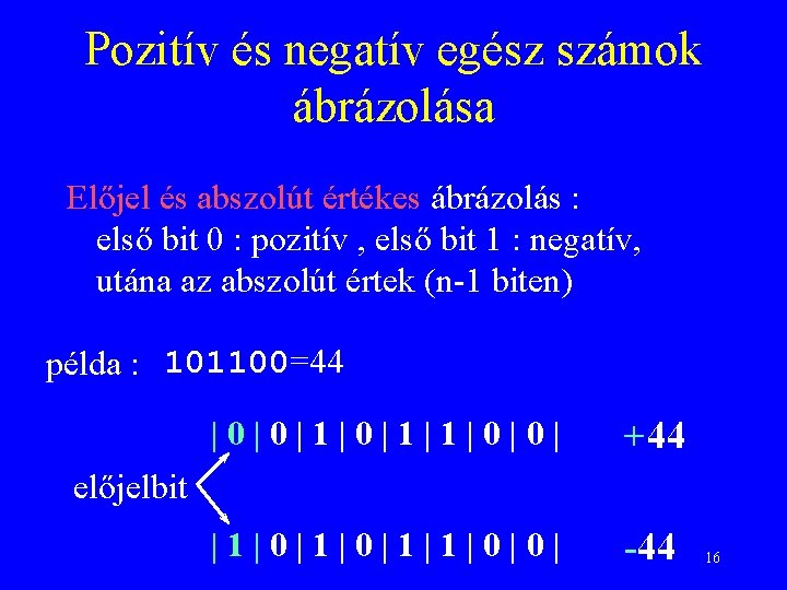 Pozitív és negatív egész számok ábrázolása Előjel és abszolút értékes ábrázolás : első bit