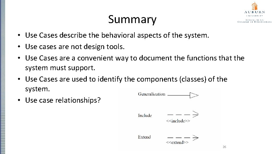 Summary • Use Cases describe the behavioral aspects of the system. • Use cases