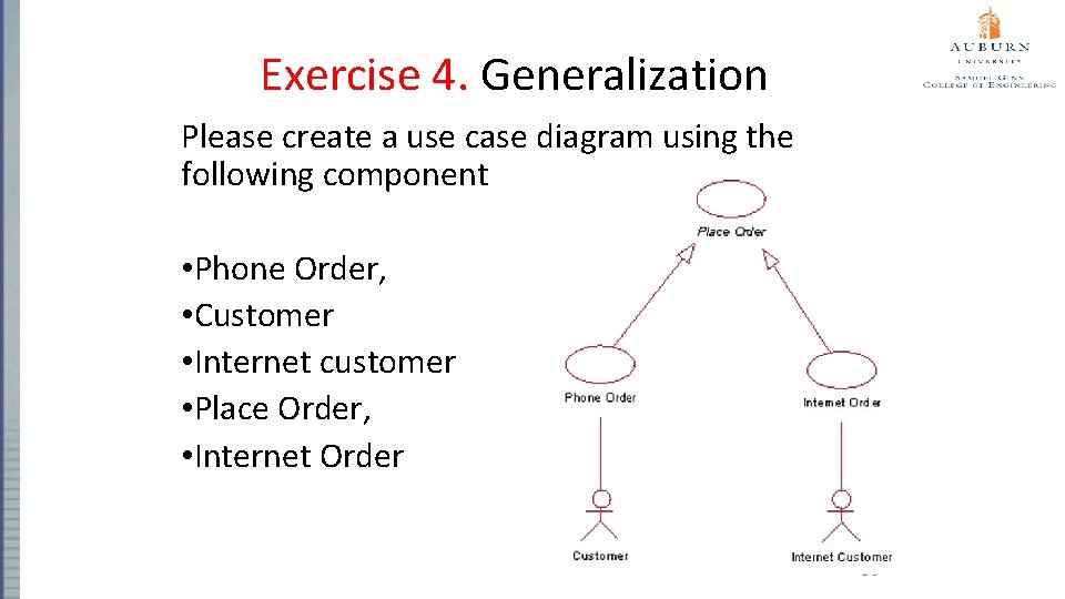 Exercise 4. Generalization Please create a use case diagram using the following component •