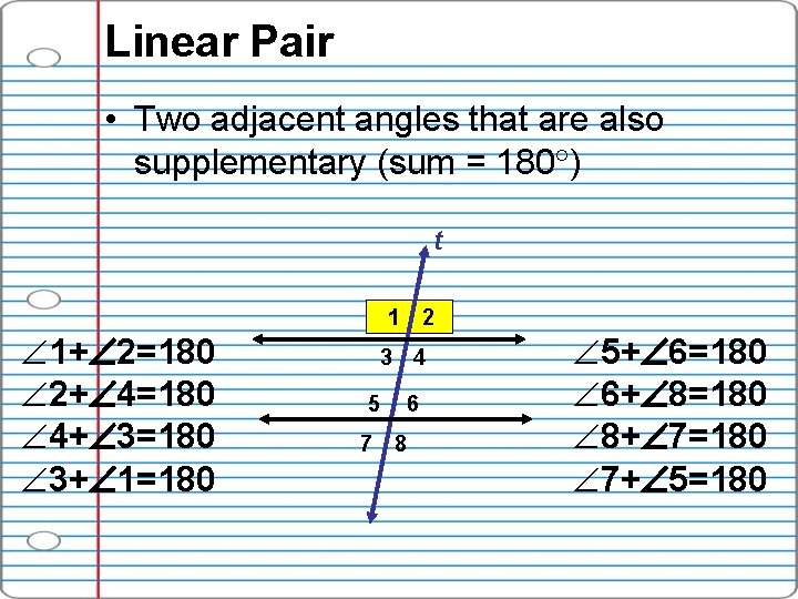 Linear Pair • Two adjacent angles that are also supplementary (sum = 180 )