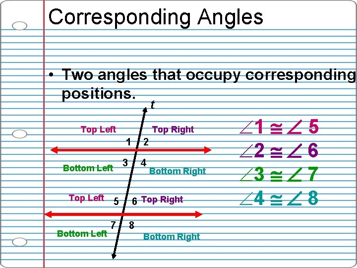 Corresponding Angles • Two angles that occupy corresponding positions. t Top Left Top Right