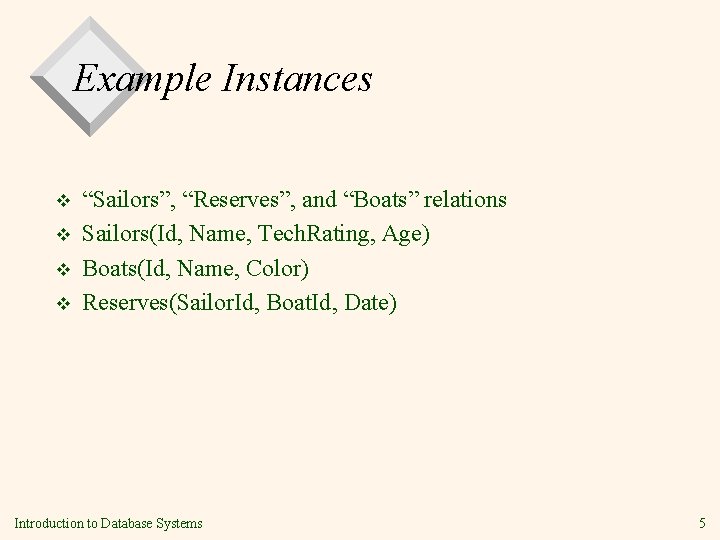 Example Instances v v “Sailors”, “Reserves”, and “Boats” relations Sailors(Id, Name, Tech. Rating, Age)
