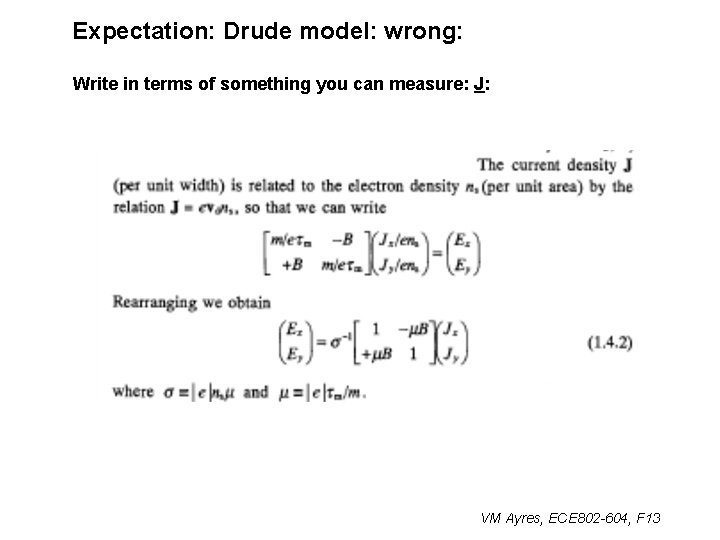 Expectation: Drude model: wrong: Write in terms of something you can measure: J: VM
