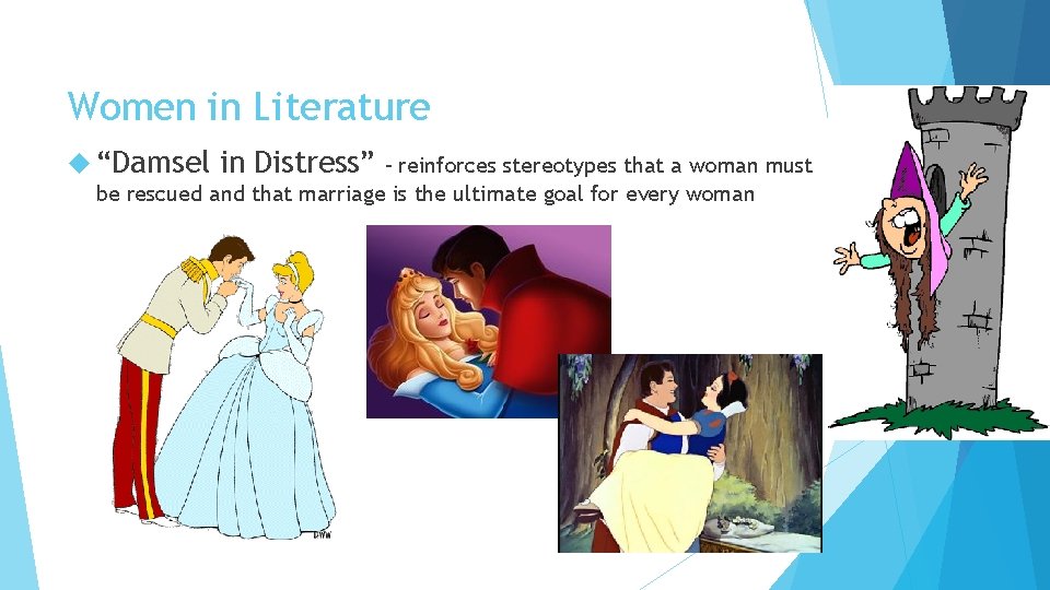 Women in Literature “Damsel in Distress” – reinforces stereotypes that a woman must be