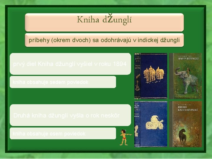 Kniha džunglí príbehy (okrem dvoch) sa odohrávajú v indickej džungli prvý diel Kniha džunglí