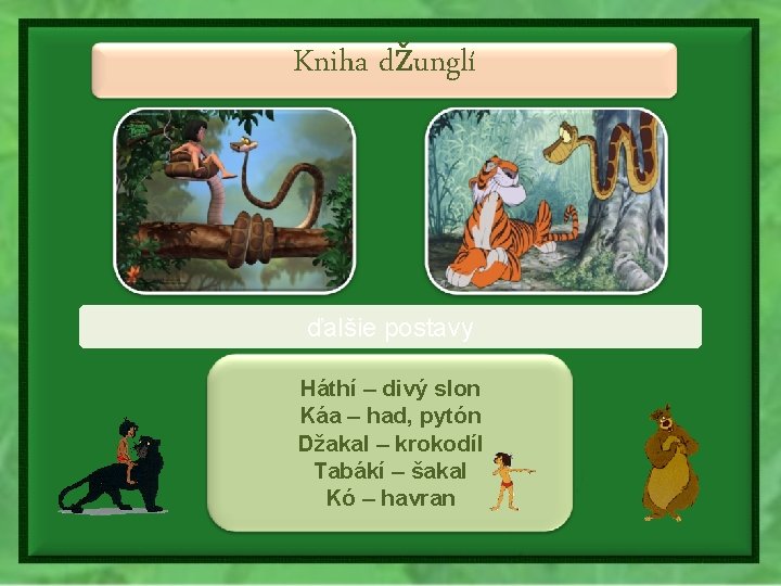 Kniha džunglí ďalšie postavy Háthí – divý slon Káa – had, pytón Džakal –