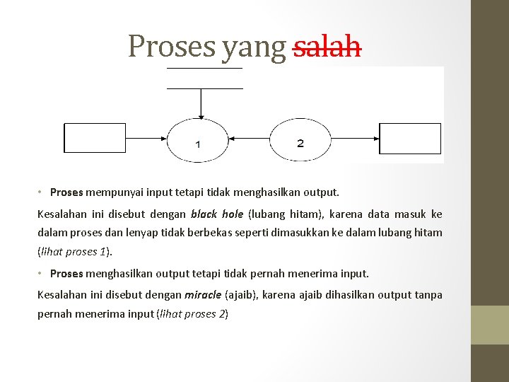 Proses yang salah • Proses mempunyai input tetapi tidak menghasilkan output. Kesalahan ini disebut