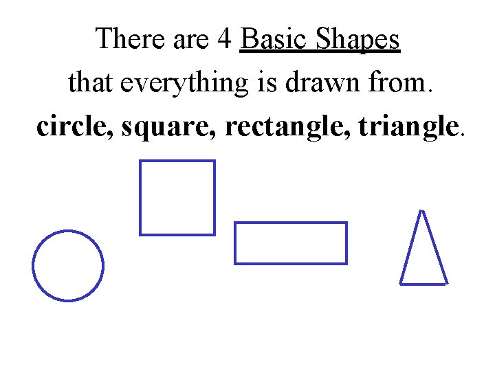 There are 4 Basic Shapes that everything is drawn from. circle, square, rectangle, triangle.