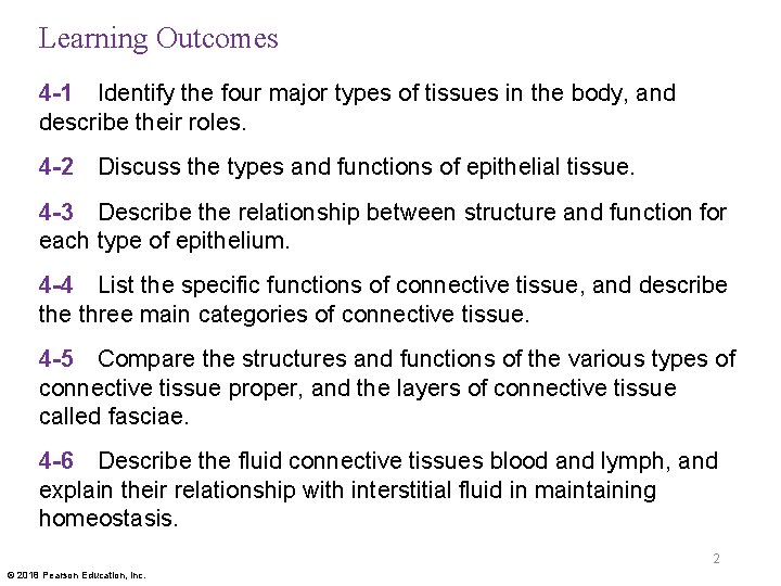 Learning Outcomes 4 -1 Identify the four major types of tissues in the body,