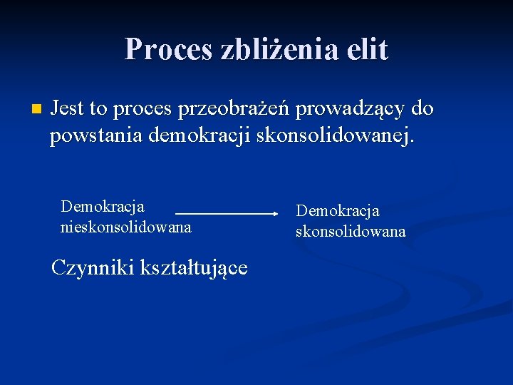 Proces zbliżenia elit n Jest to proces przeobrażeń prowadzący do powstania demokracji skonsolidowanej. Demokracja