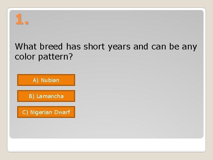 1. What breed has short years and can be any color pattern? A) Nubian 1. What breed has short years and can be any color pattern? A) Nubian