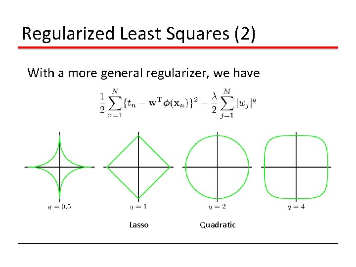 Regularized Least Squares (2) With a more general regularizer, we have Lasso Quadratic 