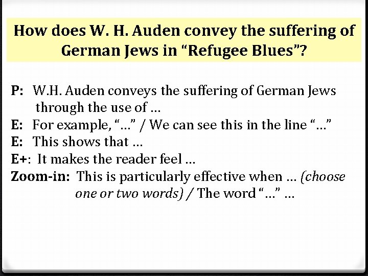 How does W. H. Auden convey the suffering of German Jews in “Refugee Blues”? How does W. H. Auden convey the suffering of German Jews in “Refugee Blues”?