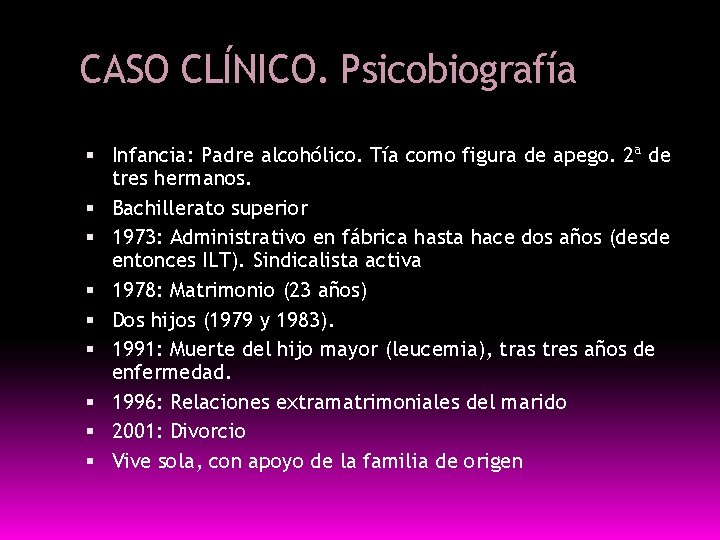 CASO CLÍNICO. Psicobiografía Infancia: Padre alcohólico. Tía como figura de apego. 2ª de tres