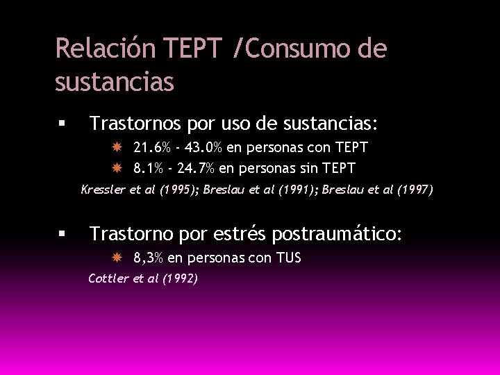 Relación TEPT /Consumo de sustancias Trastornos por uso de sustancias: 21. 6% - 43.