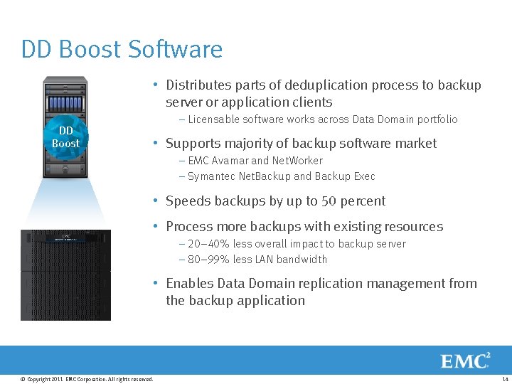 DD Boost Software • Distributes parts of deduplication process to backup server or application