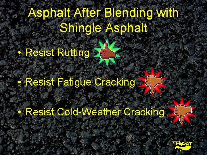 Asphalt After Blending with Shingle Asphalt • Resist Rutting • Resist Fatigue Cracking •