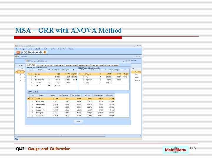 MSA – GRR with ANOVA Method QMS – Gauge and Calibration Main Menu 115