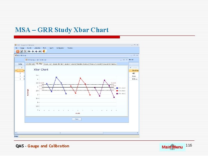 MSA – GRR Study Xbar Chart QMS – Gauge and Calibration Main Menu 116