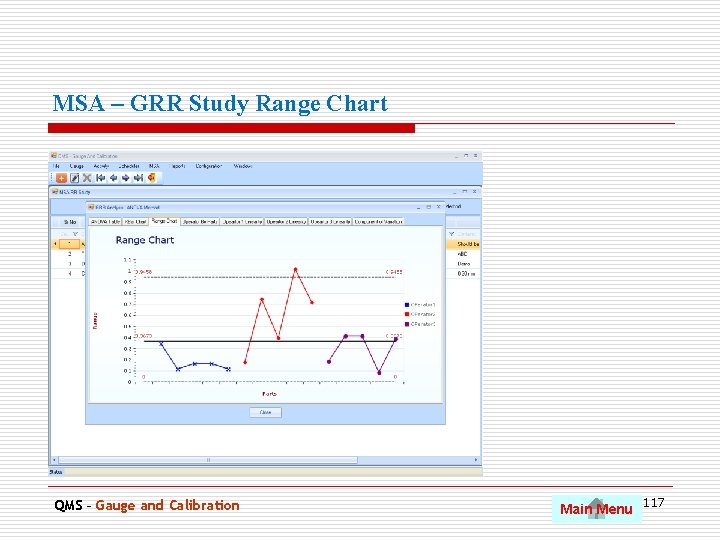 MSA – GRR Study Range Chart QMS – Gauge and Calibration Main Menu 117